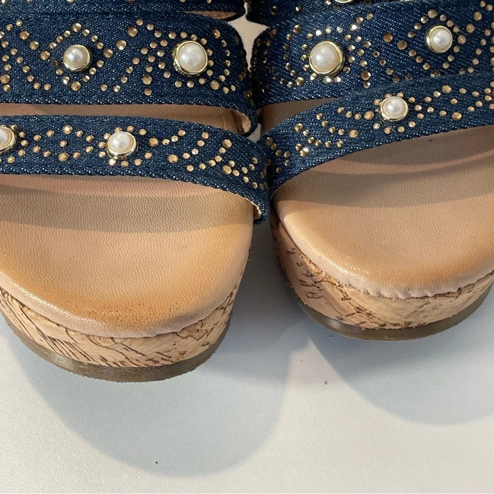 Patrizia By Spring Step Denim Pearl Gold Stud Embellish Cork Wedge Sandal Sz 38